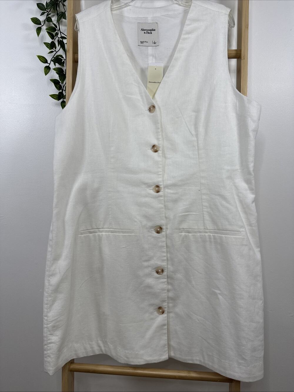 A&F Mara Vest Tailored White DressLinen  Cotton Blend Button-Down Pockets L NWTG